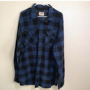 Wrangler Mens X-Large Blue Buffalo Plaid Lumberjack Flannel Shirt Polyester